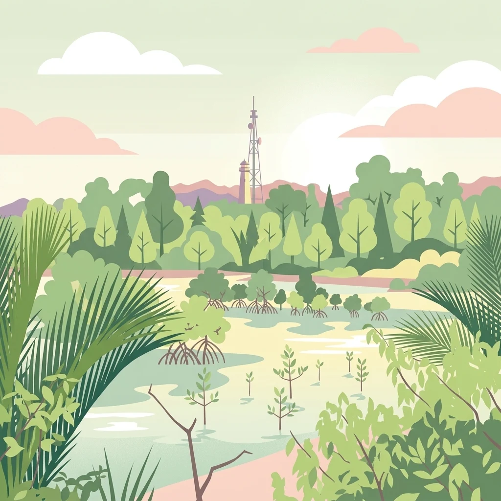 A flat vector style illustration depicting a mangrove wetland with various plants, trees, and a tall communication tower and lighthouse visible in the background against a soft pastel sky.