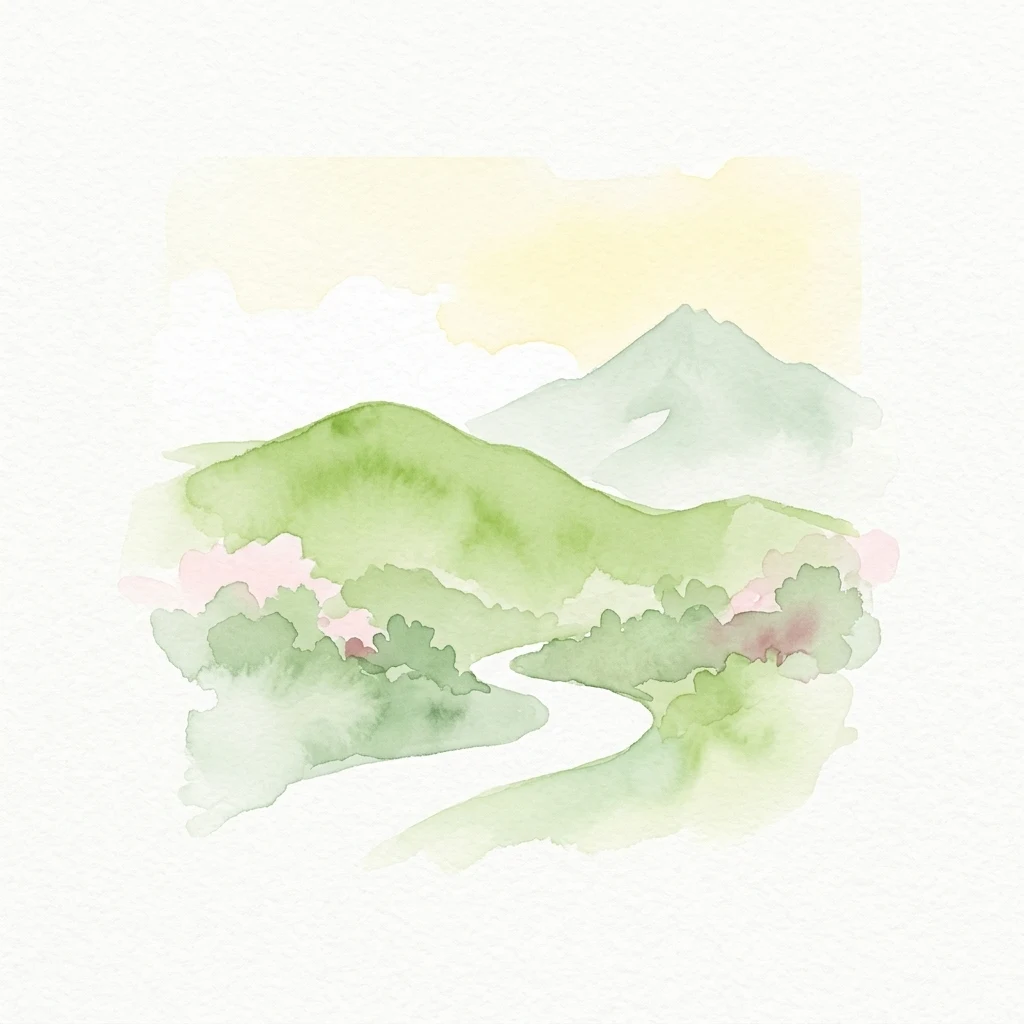 Pintura de acuarela de colinas verdes con un camino serpenteante, flores rosas y un cielo amarillo pálido