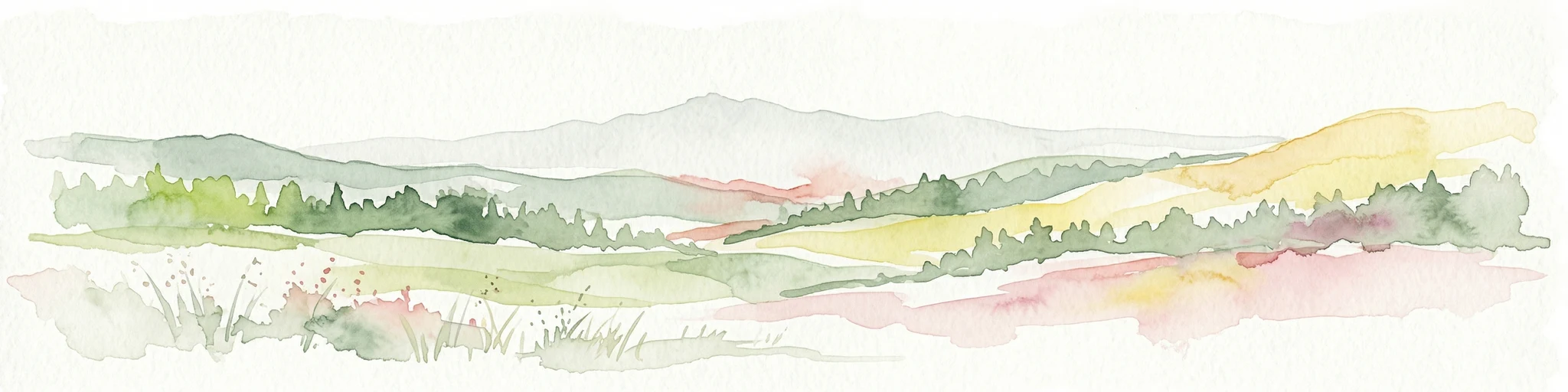 Watercolor painting showing a landscape with rolling hills, forests, and distant mountains