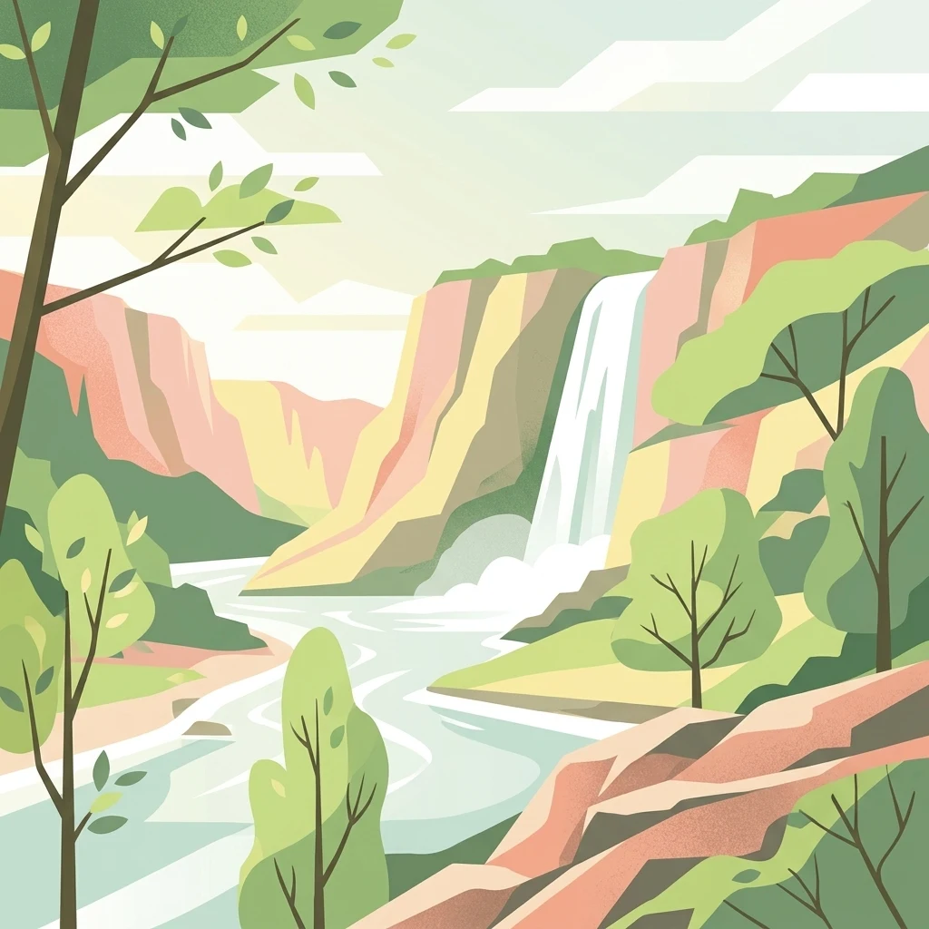 A stylized vector illustration of a river flowing between high cliffs with a waterfall in the distance, surrounded by green trees and rocky terrain.