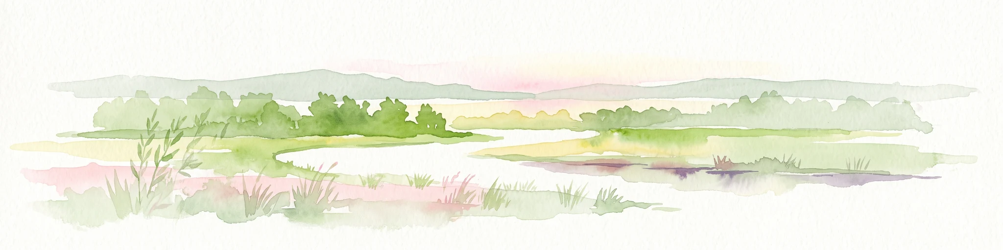 A soft watercolor painting of a winding river flowing through a lush green floodplain with distant hills under a pale sky.