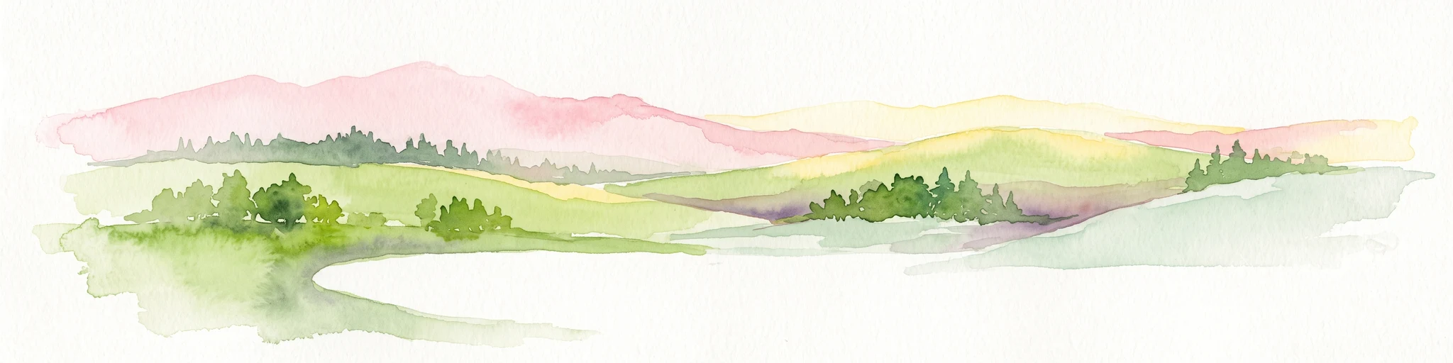 A watercolor painting showing a soft, pastoral landscape with green rolling hills, distant pinkish-hued mountains, and small clusters of trees.