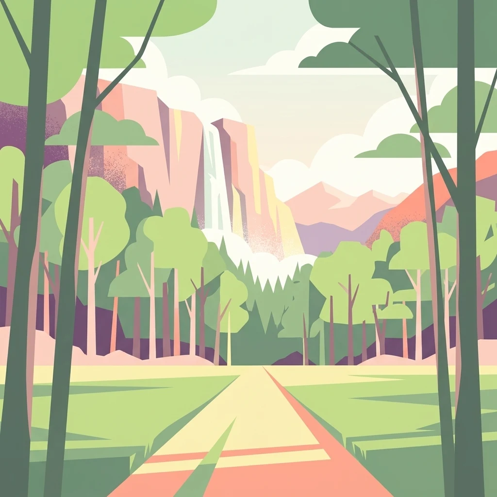 Una ilustración vectorial estilizada que muestra una escena de parque con un sendero que conduce hacia una cascada flanqueada por acantilados rocosos escarpados y árboles del bosque.