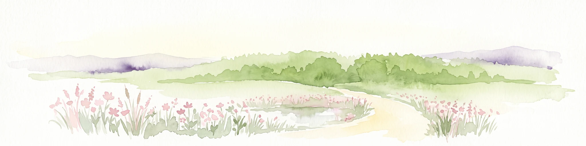 A soft watercolor painting of a meadow landscape, featuring a dirt path winding through wildflowers toward green trees with rolling hills in the background.