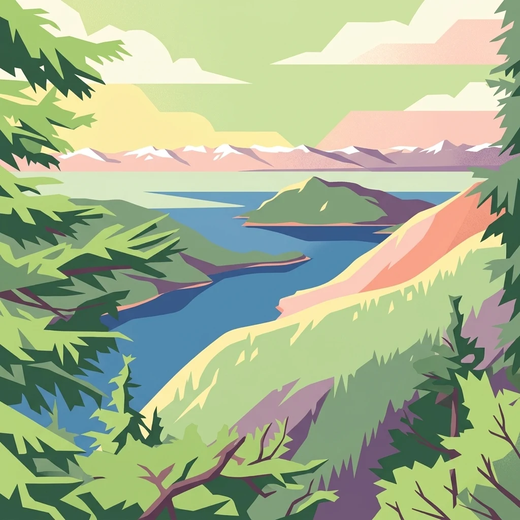Una ilustración vectorial estilizada de un paisaje costero de Alaska, con árboles de hoja perenne en primer plano, una bahía azul y montañas nevadas distantes bajo un cielo claro.