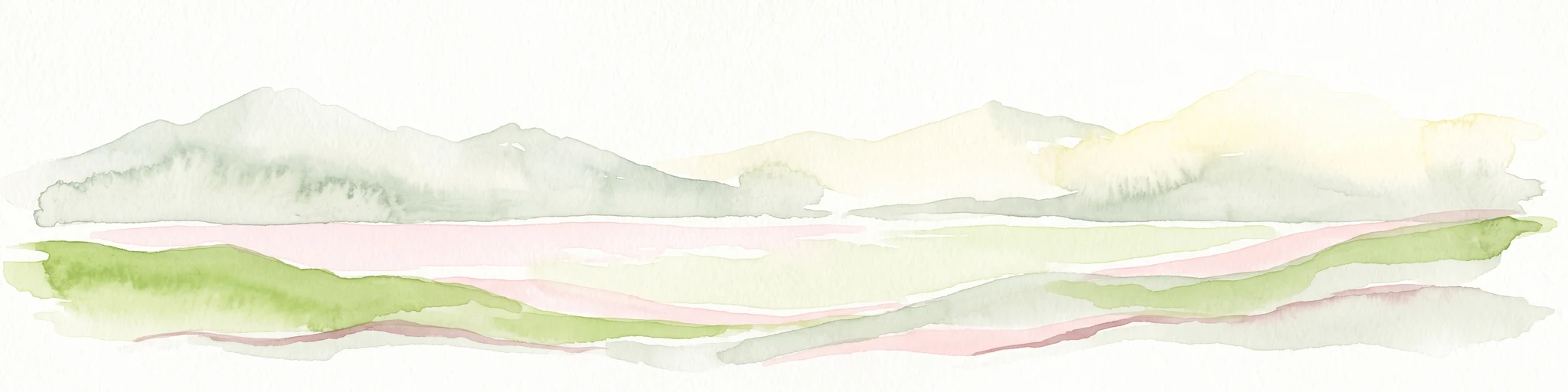 A minimalist watercolor painting showing layered hills and coastal terrain in soft shades of green, gray, and pink, resembling the Alaskan wilderness.