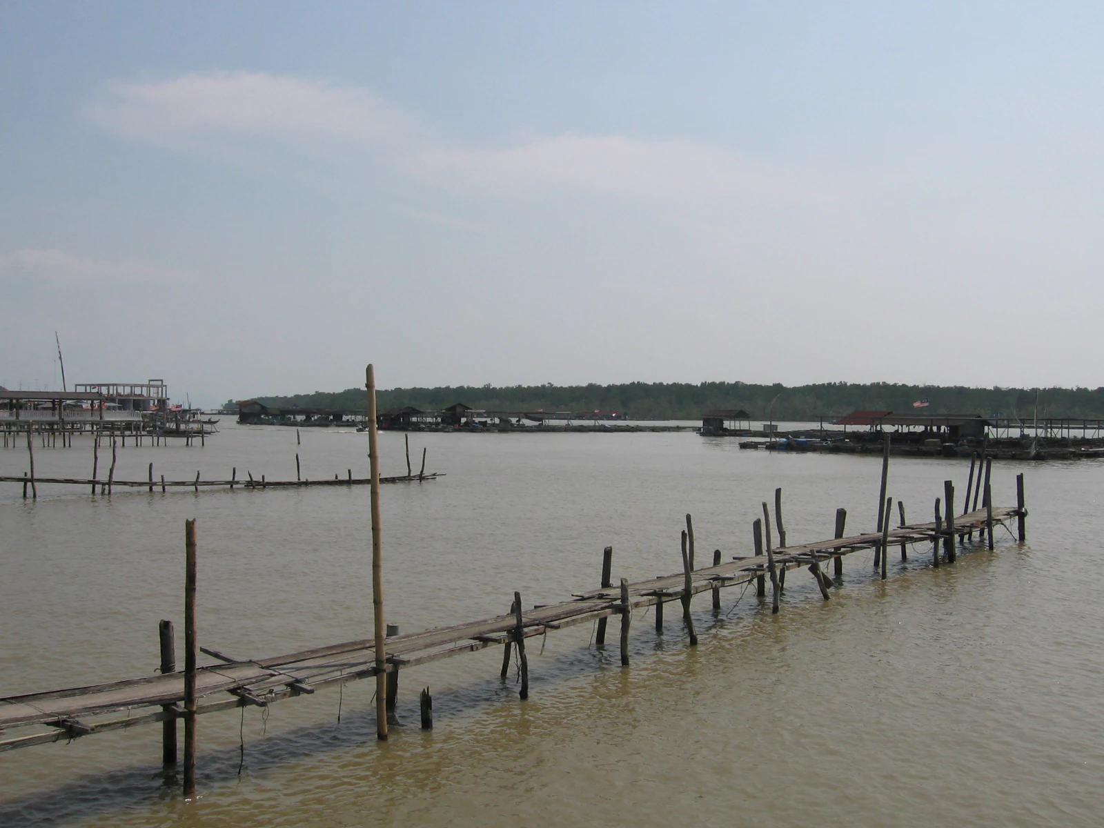 A wooden pier on stilts over calm brown water, leading toward distant mangrove tree lines under a hazy sky.
