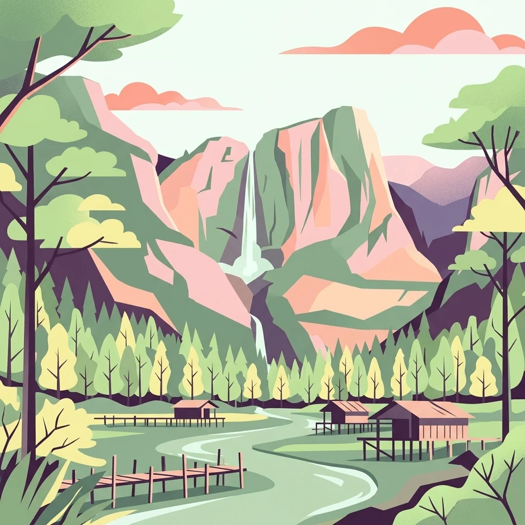A digital illustration depicting a landscape with tall mountains, a central waterfall, a meandering river, stilt houses on the water, and boardwalks in a lush green valley.