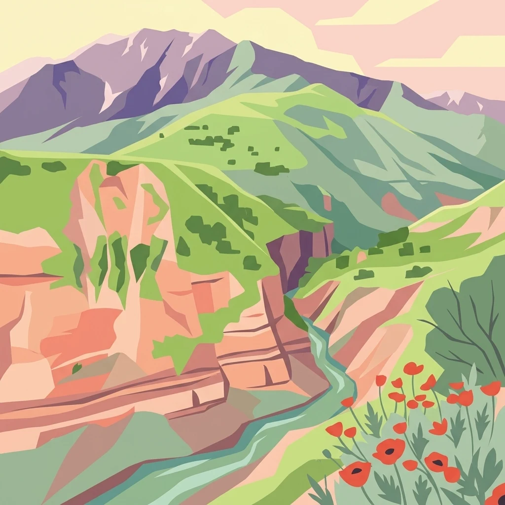 A stylized digital illustration of a mountainous valley with red cliffs, a flowing river, and bright red poppies in the foreground.