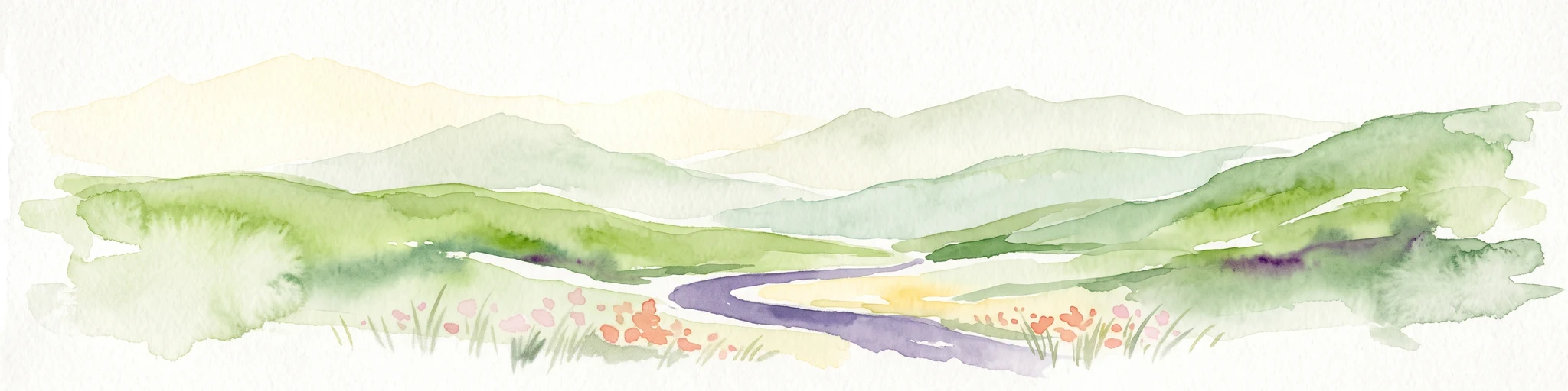 A watercolor painting showing rolling green hills, a winding stream, and small red flowers in the foreground against a light sky.