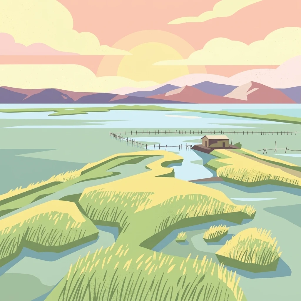 A flat vector-style illustration of a marshy coastal landscape with a small cabin, tall grasses, and mountains in the distance at sunset.
