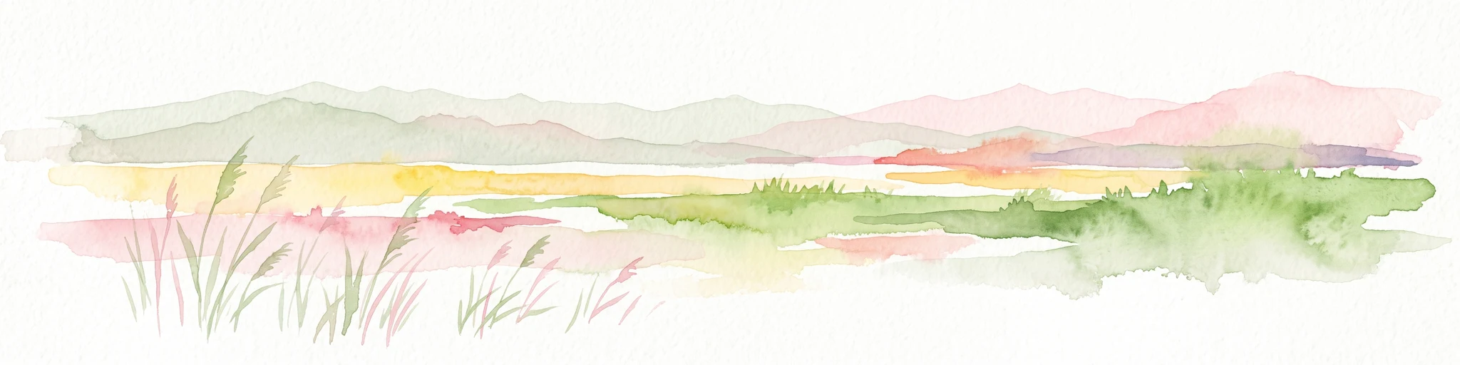 A minimalist watercolor painting depicting a soft-focus landscape with green marshes, pale yellow flats, and light pink rolling hills in the background.