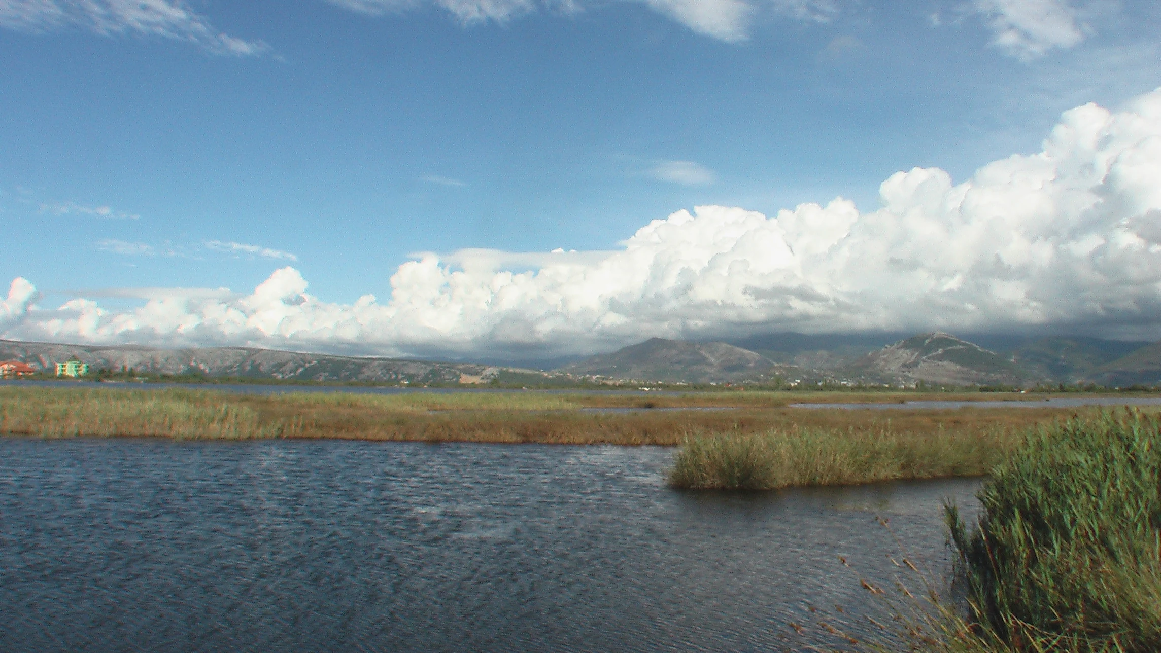 Wide landscape view of a calm lagoon with tall grasses along the banks, under a bright blue sky with scattered clouds and distant mountains.