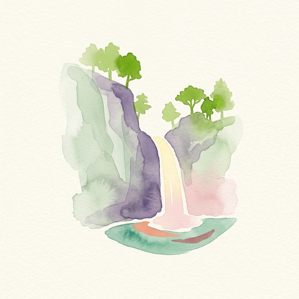 Watercolor illustration of a waterfall with mountains and trees