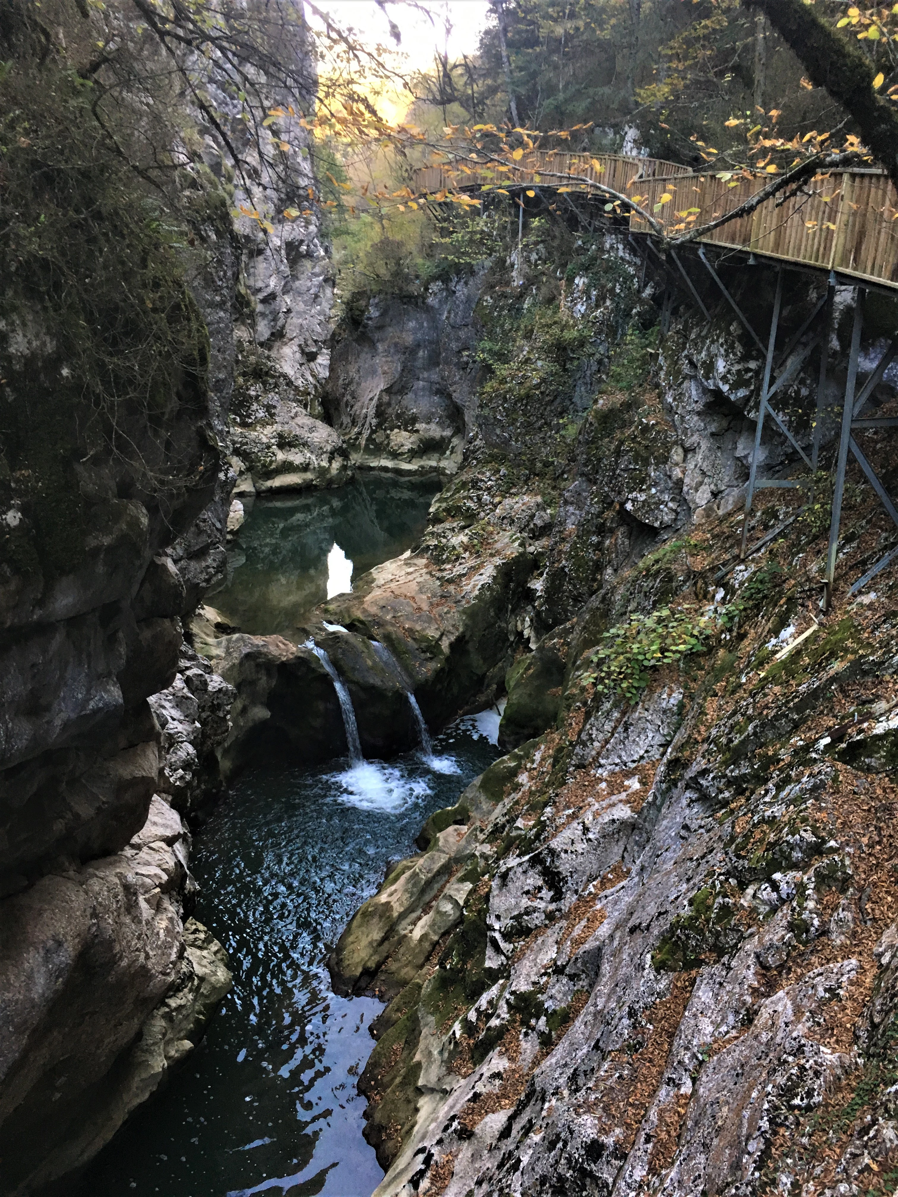 Wooden walkway spanning a rocky canyon with a small waterfall and stream, surrounded by forested slopes