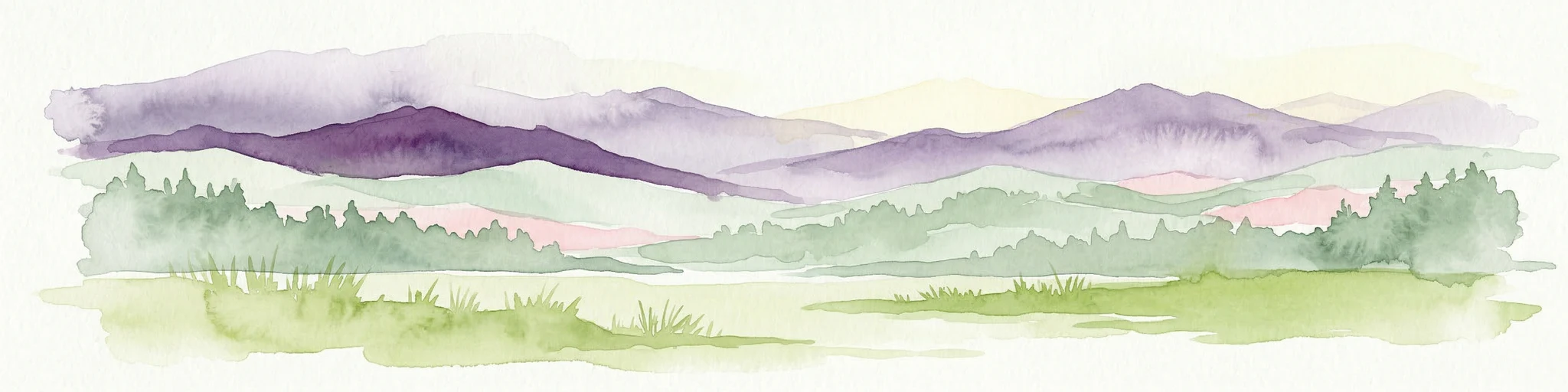 Ilustración de acuarela que representa cordilleras, bosques frondosos y un valle con una masa de agua.