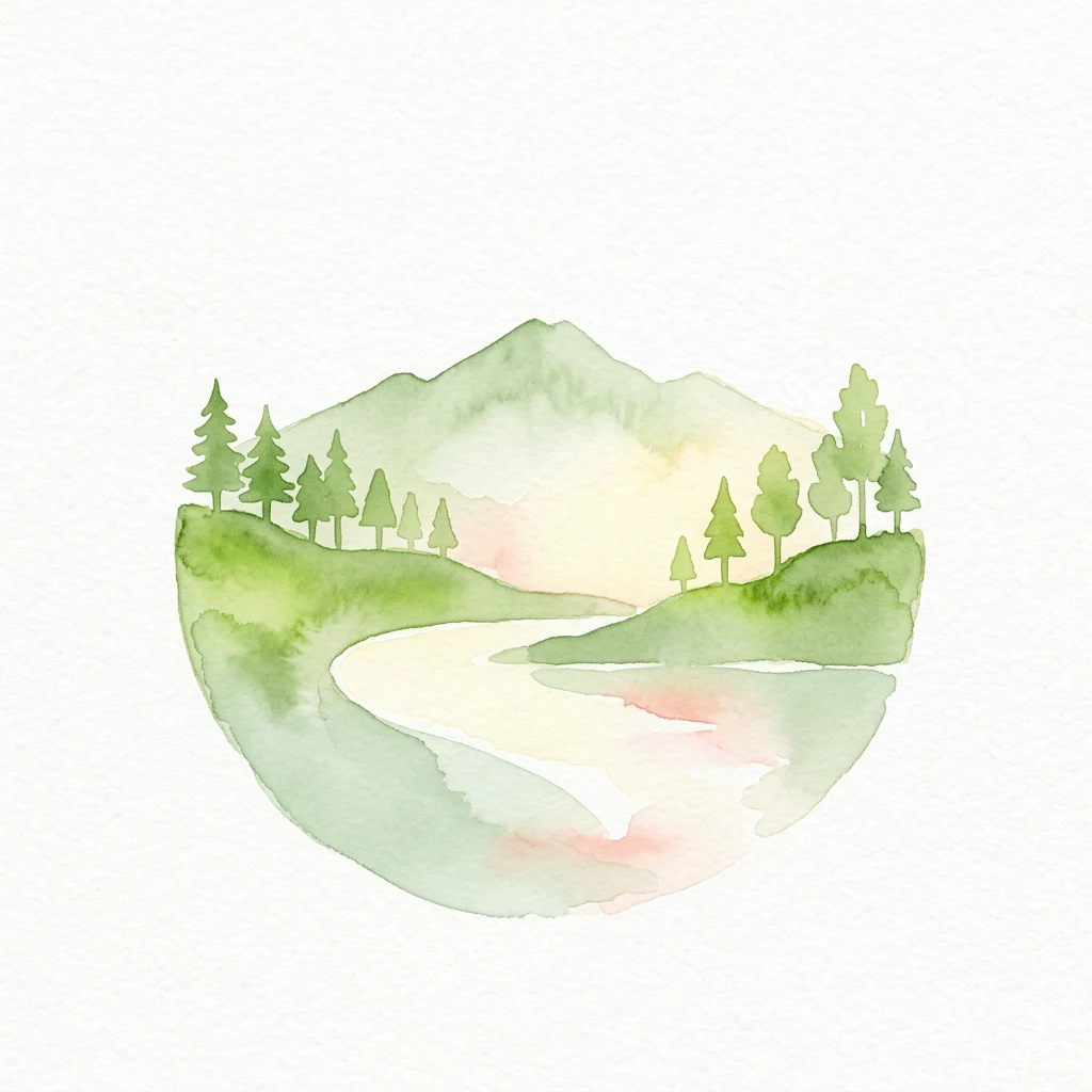 Ilustración en acuarela de un paisaje con montañas, bosque y un río sinuoso