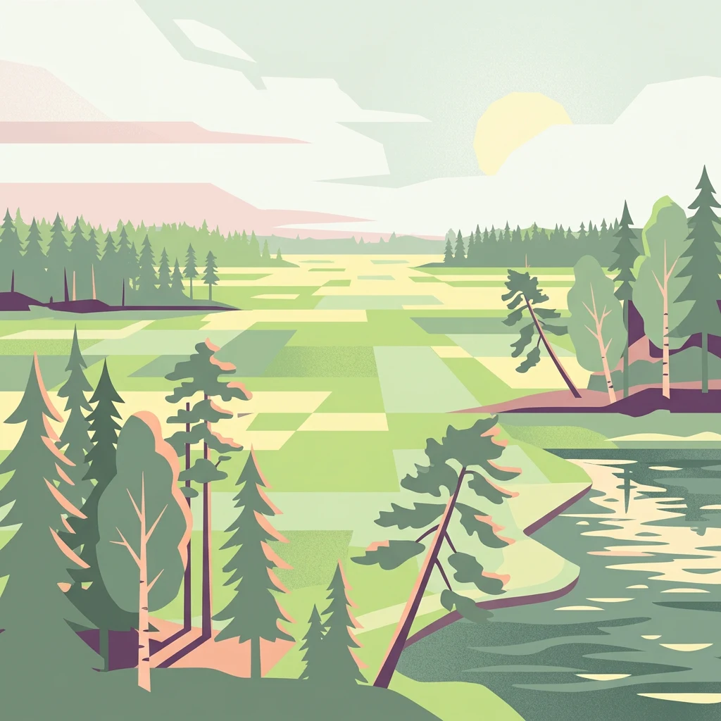 Ilustración estilizada de un paisaje boscoso con un río, campos y el sol poniéndose.