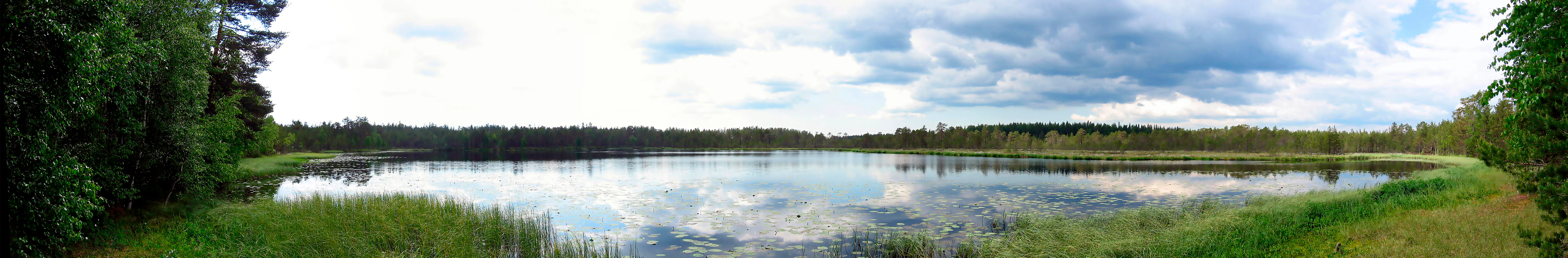 Panoramic view of a lake with reflective water, surrounded by lush green vegetation and trees under a partly cloudy sky
