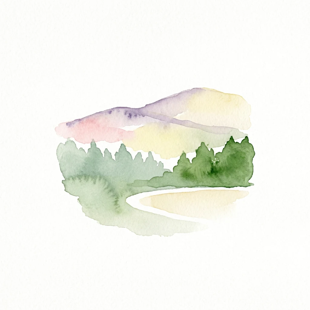 Watercolor painting of green trees, a winding path, and pastel-colored hills in the background