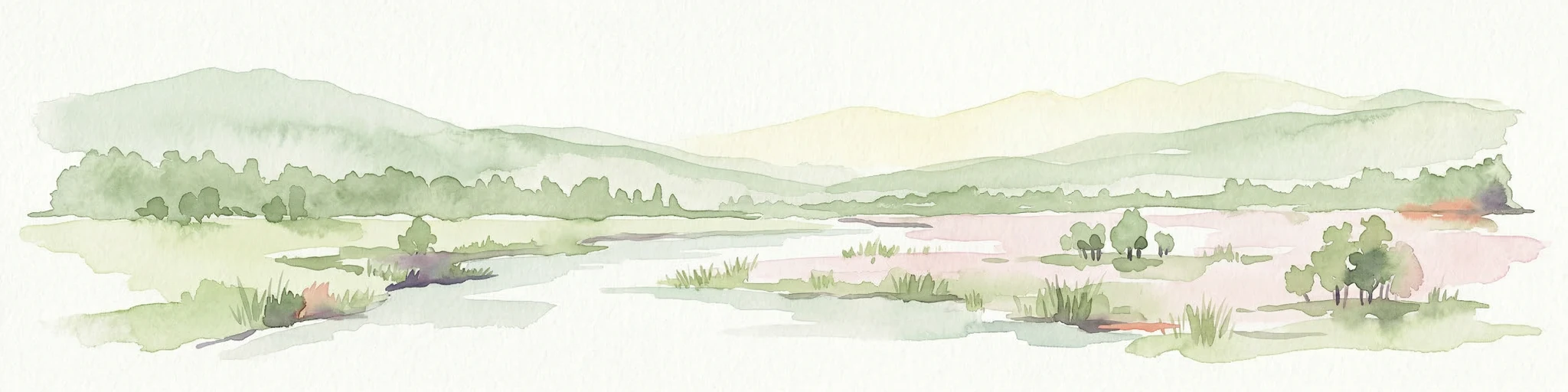 Ilustración acuarela de un río, campos verdes, árboles y colinas distantes