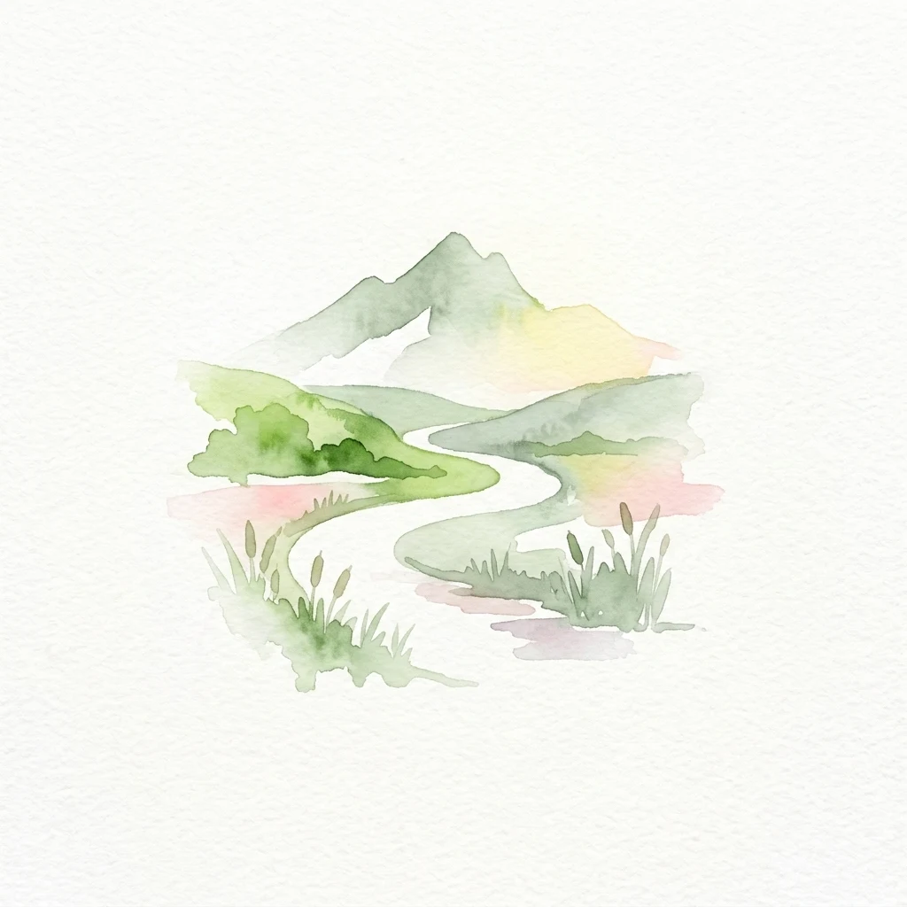 Ilustración en acuarela de un río sinuoso a través de terreno verde con montañas al fondo