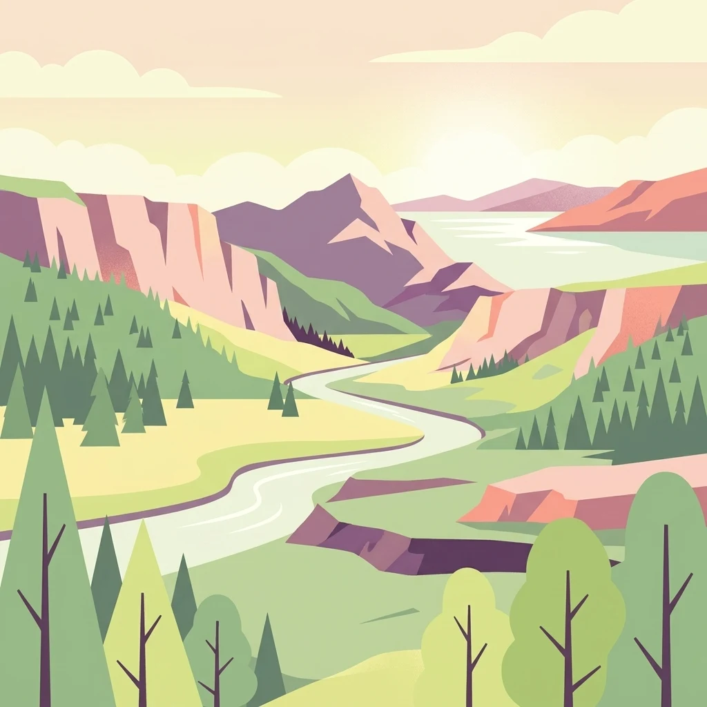Ilustración estilizada que muestra un río serpenteante a través de un paisaje montañoso con bosques y humedales