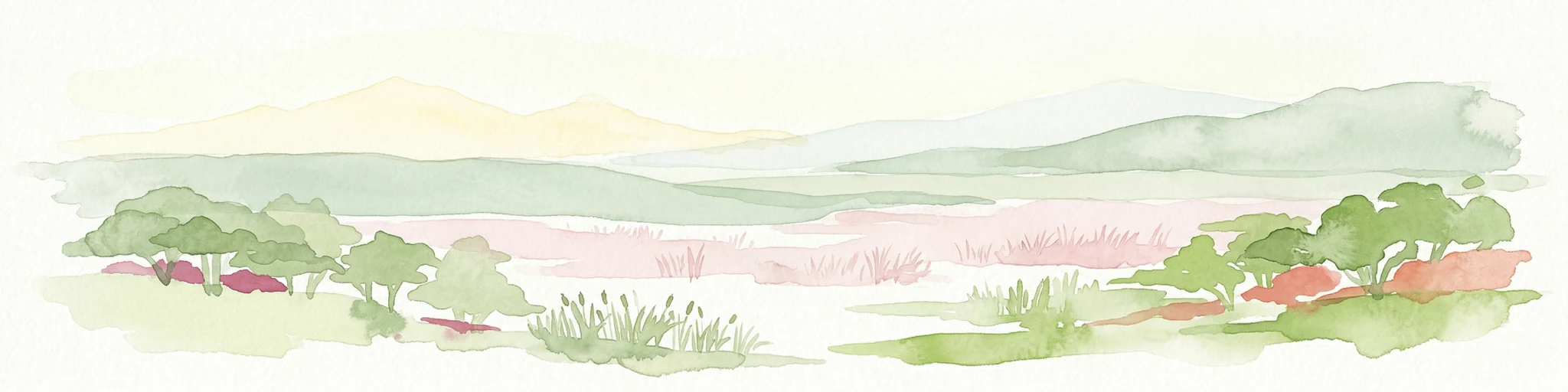 Pintura acuarela de un paisaje de humedal con juncos, árboles y colinas distantes