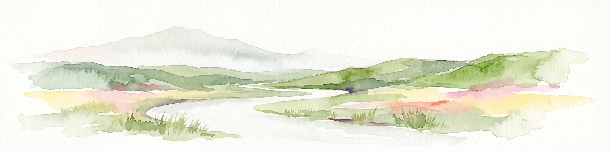 Pintura en acuarela de un paisaje verde y montañoso con un río o ensenada serpenteante y montañas pálidas y brumosas al fondo.