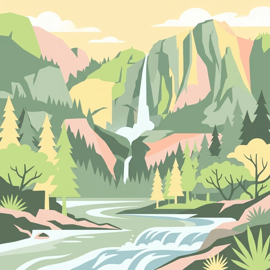Una ilustración gráfica que muestra una cascada cayendo por una montaña verde hacia un río que serpentea a través de un bosque.