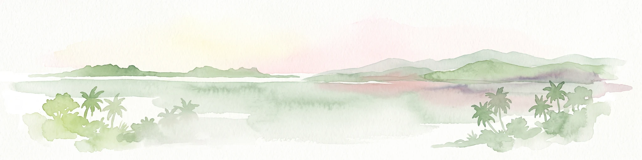 Una ilustración pálida y suave en acuarela que representa islas lejanas o crestas de atolones a través de una laguna tranquila, con palmeras silueteadas en primer plano a la izquierda y a la derecha.