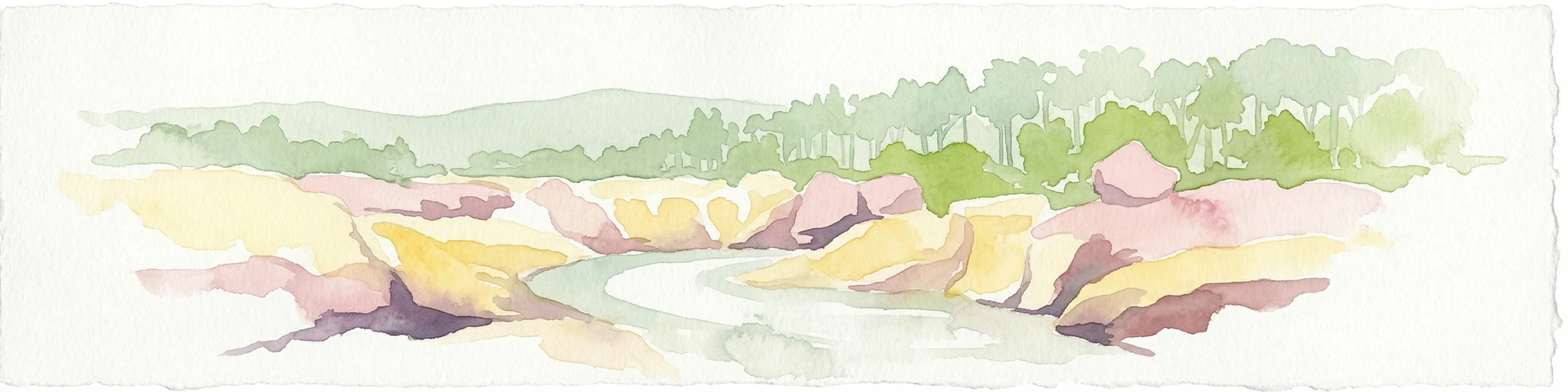 Watercolor painting of a river flowing between rocky cliffs with forest in the background