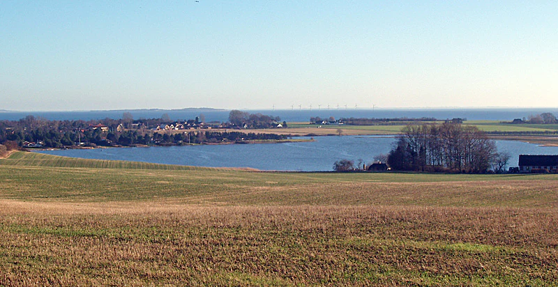A wide landscape view of Norsminde Fjord, with open farmland in the foreground and a blue, calm body of water leading to the horizon.