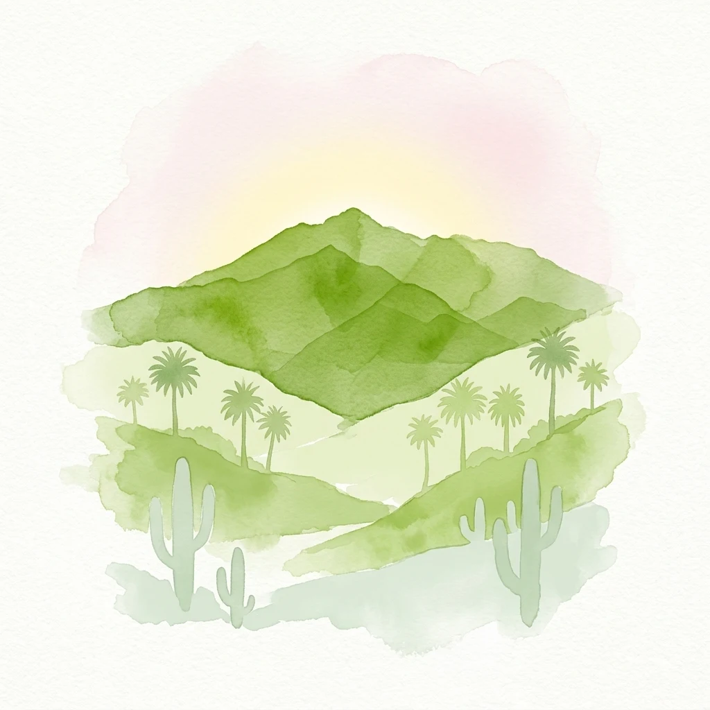 Ilustración en acuarela de una cordillera con palmeras y cactus bajo un cielo suave de color rosa y amarillo