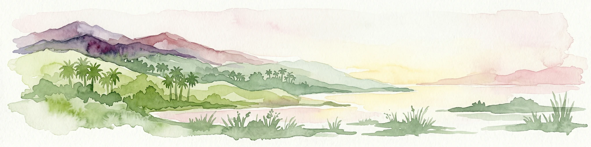 Watercolor painting of a coastal landscape featuring palm trees, mountains, and a body of water