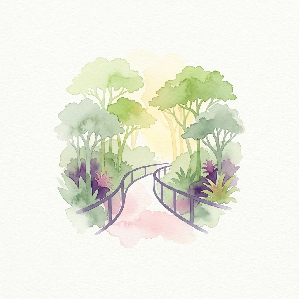 Ilustración de acuarela de un camino sinuoso a través de un bosque con árboles y plantas verdes a ambos lados