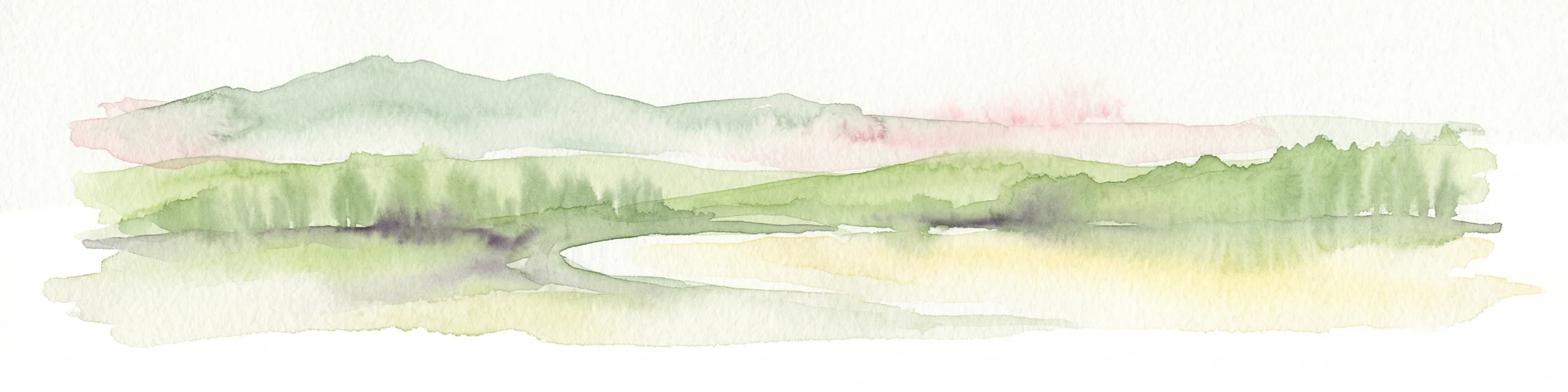 Watercolor painting of a lake with green hills and trees in the background