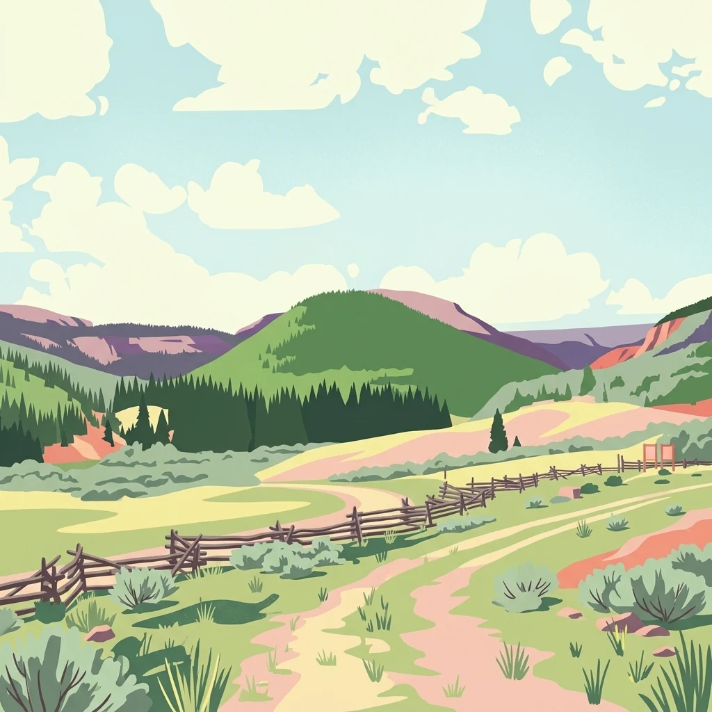 Una ilustración digital de un sendero de tierra que serpentea por un valle verde hacia picos montañosos lejanos, con una valla de madera rústica a lo largo del camino.
