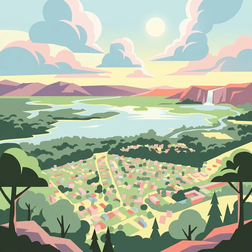 Una pieza de arte ilustrativo que muestra un pueblo enclavado en un valle, con vistas a un lago o embalse con una cascada lejana y colinas onduladas bajo un sol suave.