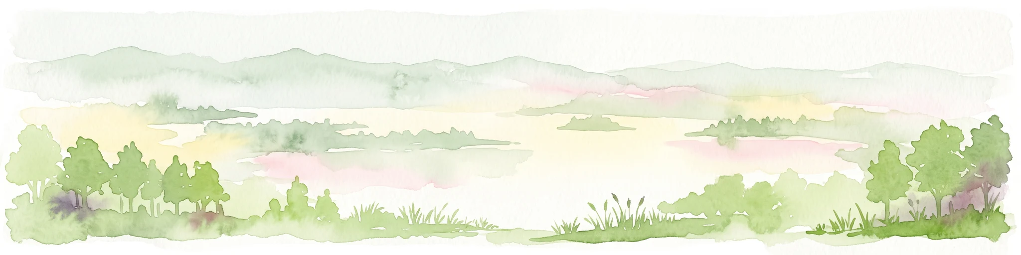 A horizontal watercolor illustration of a soft, hazy landscape featuring rolling green hills, dense tree clusters, and gentle valleys.