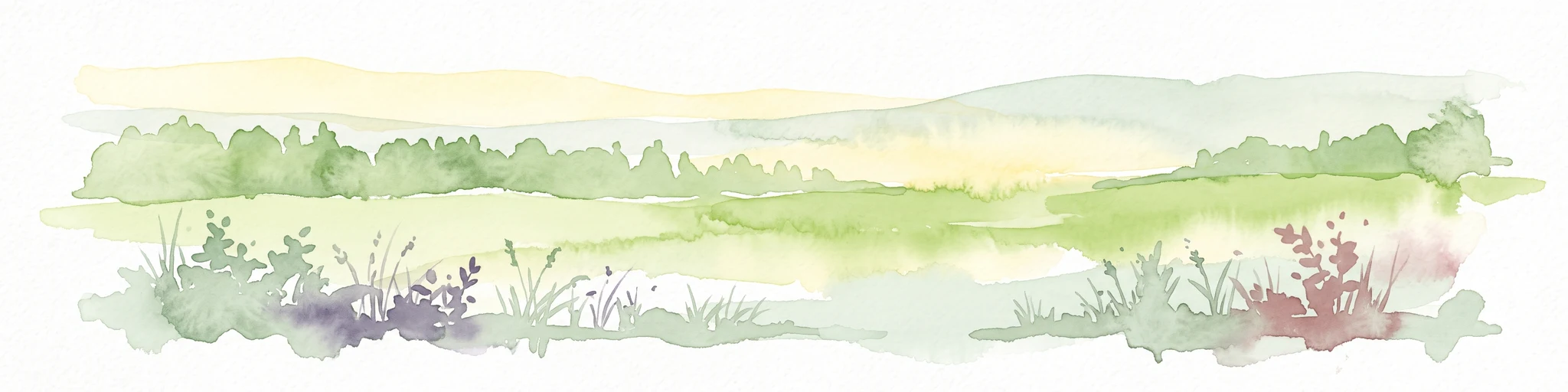 Una pintura horizontal en acuarela que representa un paisaje de enfoque suave con colinas verdes onduladas, parches de bosque y tonos dorados claros que representan prados o terreno seco.