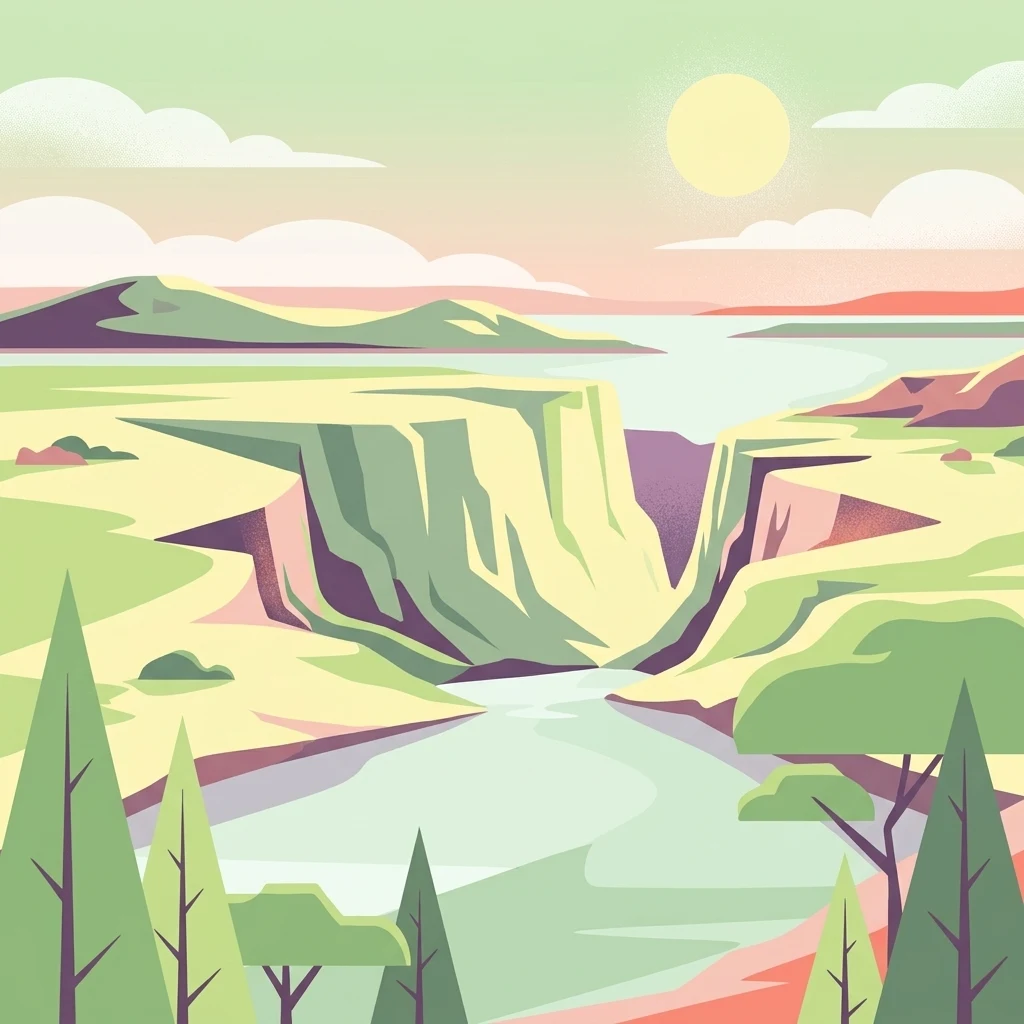 A flat, minimalist digital illustration showing a river winding through a canyon with green trees in the foreground, distant hills, and a bright sun in the sky.