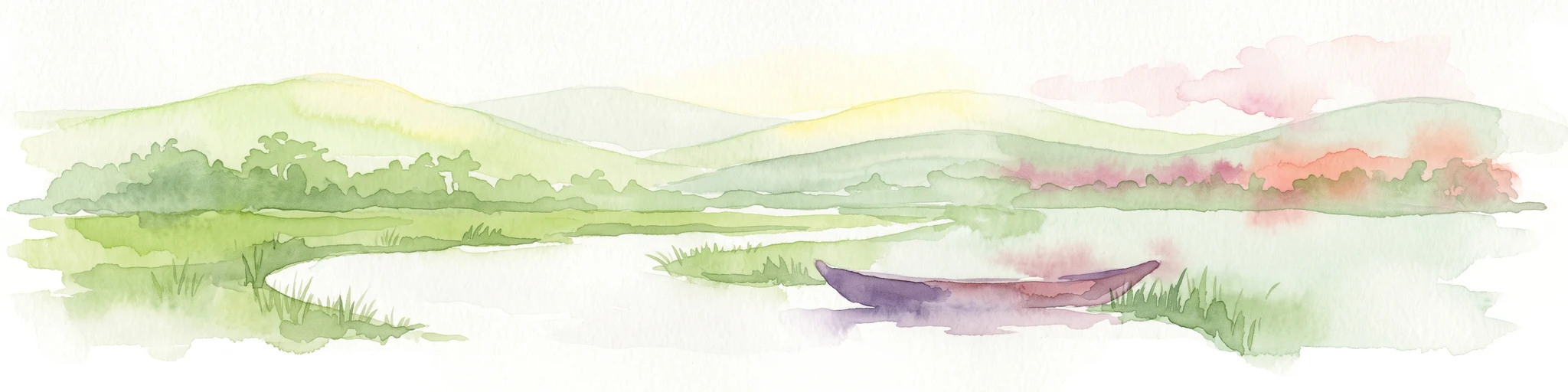 A watercolor painting showing a small boat floating on a calm body of water with gentle, rolling green hills in the background.