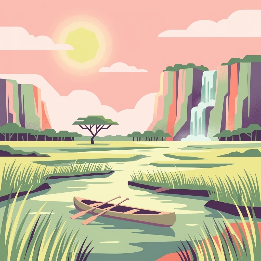 Ilustración de estilo vectorial plano de una escena fluvial al atardecer, con una canoa en primer plano, un árbol de tipo acacia y una cascada que cae desde acantilados rocosos al fondo.