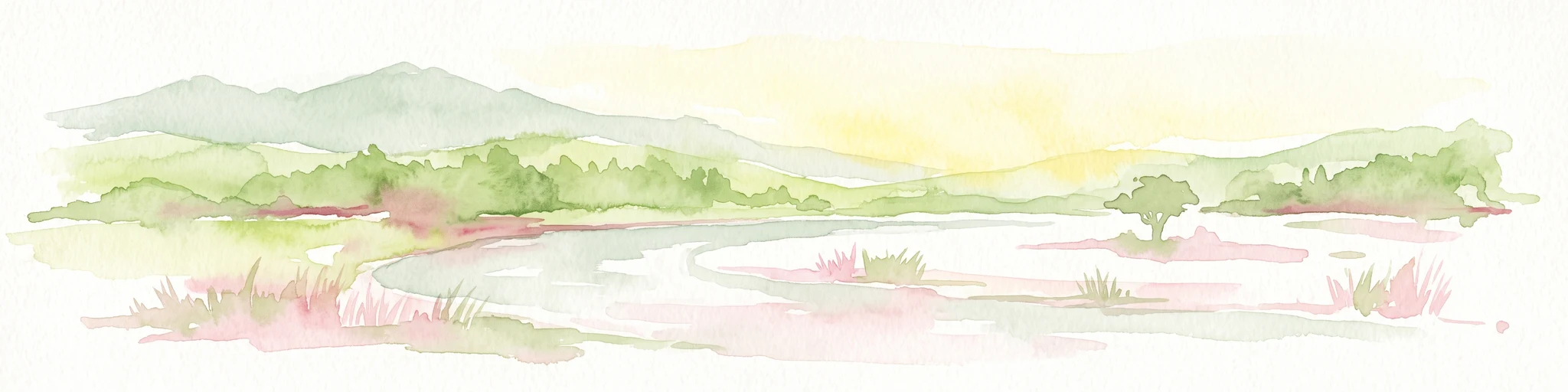 Watercolor illustration showing a calm river flowing through a soft landscape with distant rolling hills and light vegetation.