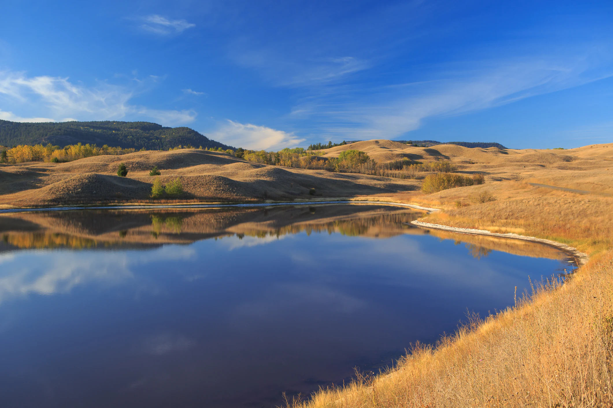 A calm, reflective lake in the foreground under a clear blue sky, surrounded by rolling, grass-covered hills and distant trees in autumn.