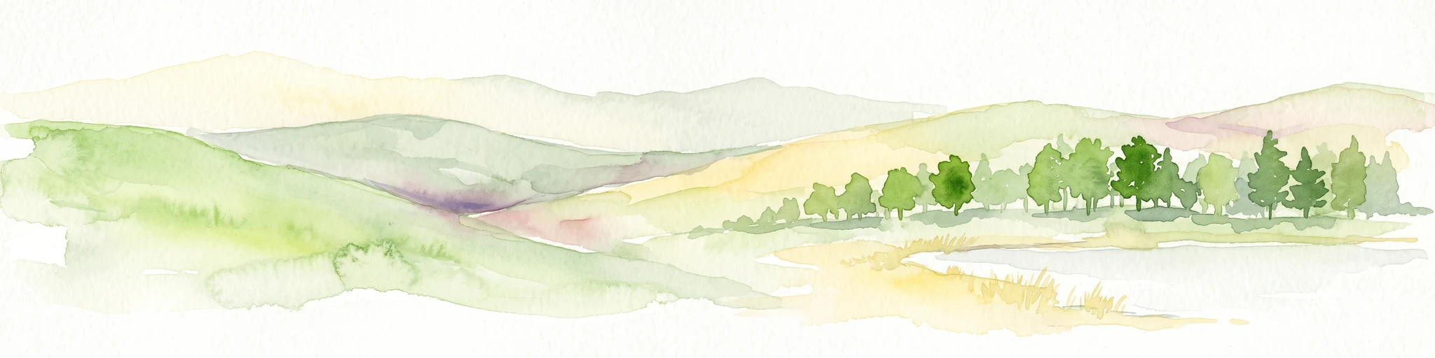 A horizontal watercolor illustration depicting gentle green hills, a small grove of trees, and a pale ground plane against a white background.