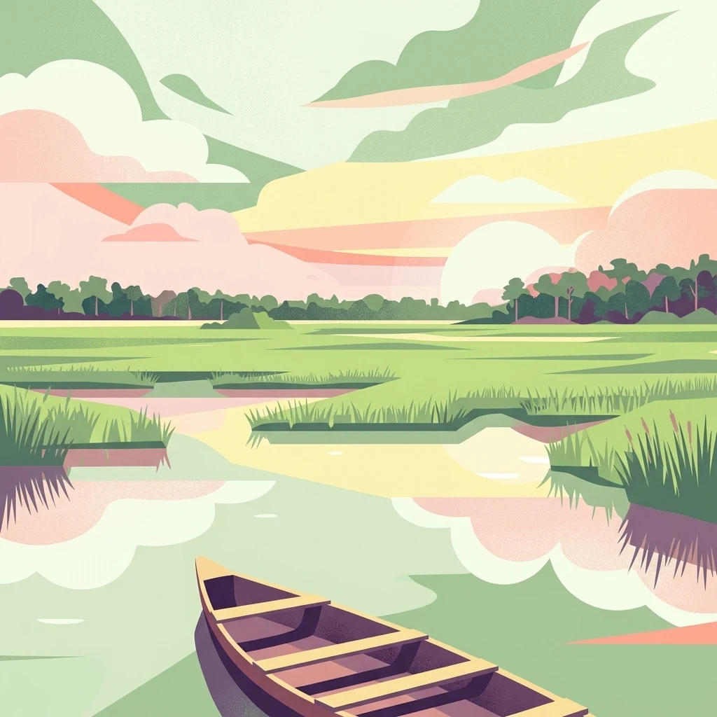 Una ilustración digital minimalista y de estilo plano de un bote flotando en un humedal tranquilo al atardecer, con suaves hierbas verdes, una línea de árboles a lo lejos y nubes pastel reflejándose en el agua.
