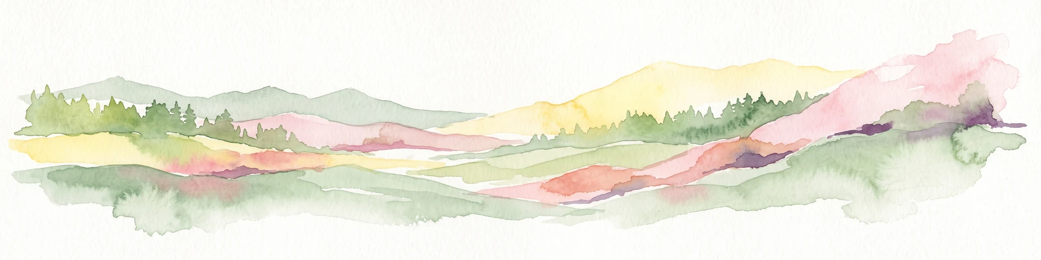 A watercolor painting showing soft, rolling hills with hints of trees in muted green, yellow, and pink tones against a white background.