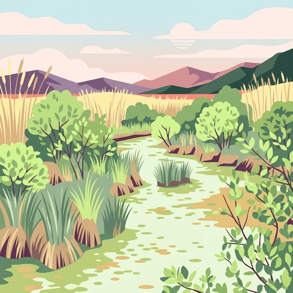 A flat-style digital illustration of a marshy wetland with tall grasses, shrubs, and a winding waterway under a soft, sunset-colored sky.